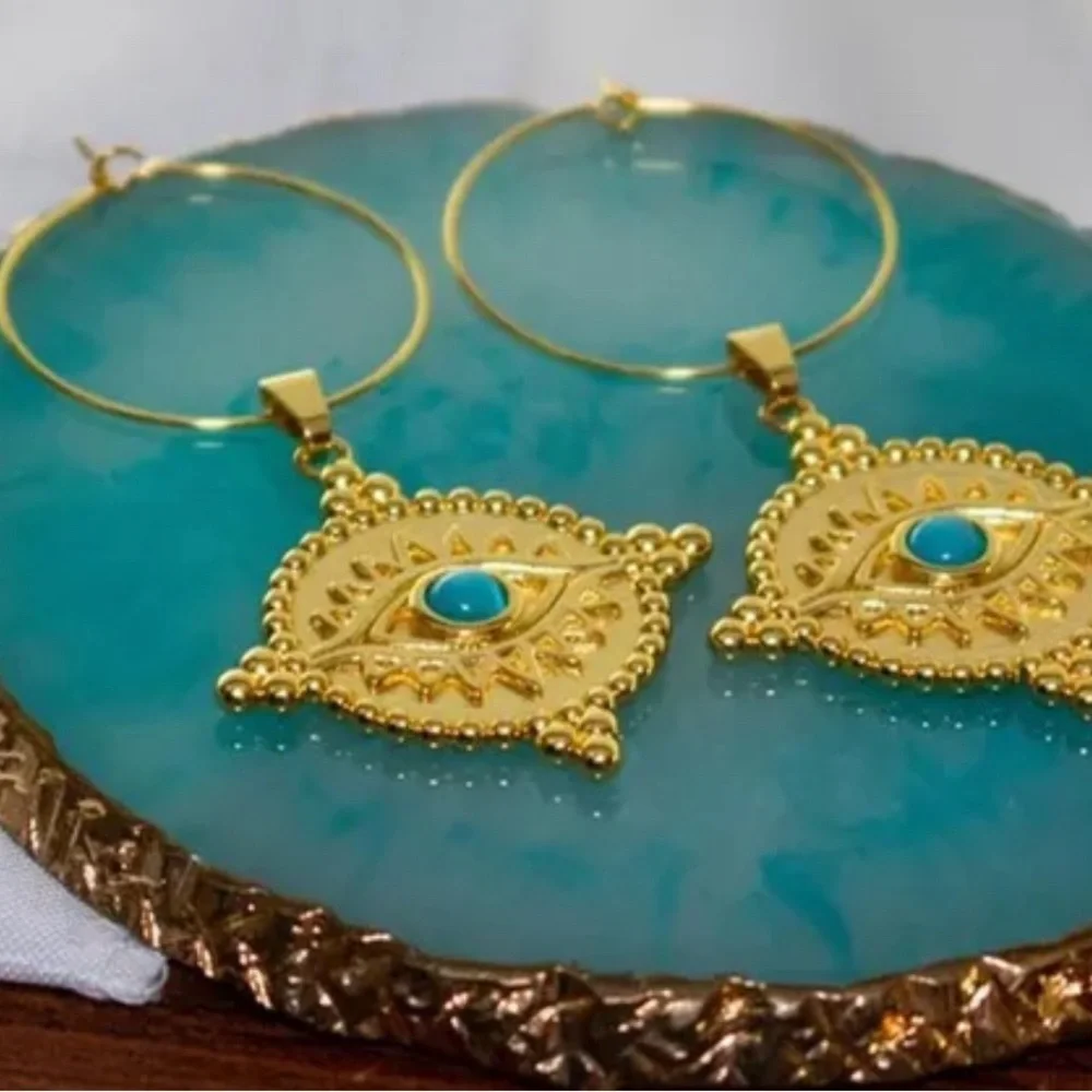 2/$30🌵 Egyptian Revival Eye Of Horus Evil Eye Earrings Antiqued Gold Hoop NEW